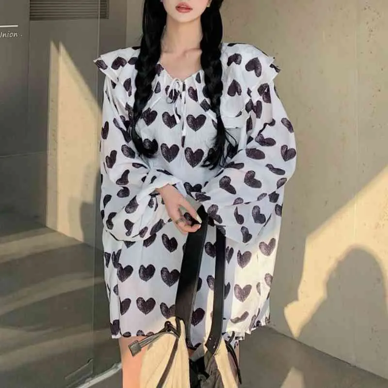 Ezgaga Korean Chic Heart Frauen Bluse Peter Pan Kragen Rüschen Schnüren loser Frühling langhärme weibliche Hemden Mode 210430