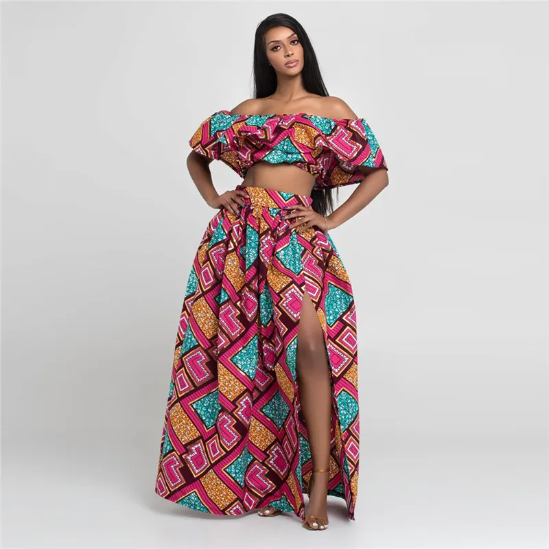 Isarose Mulheres Sexy Party Dress Sets 2 Peças Rich Bazin Dashiki Imprimir Slash Pescoço Crop Tops Africano Ankara Plus Size Maxi Vestidos 210422