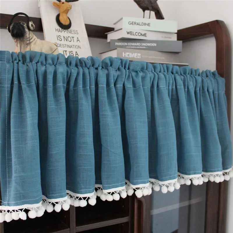 Short Tulle Curtains for Kitchen Cabinet Half-curtain Solid Color Cafe Yarn Curtain Tassel Voile Window Valance Home Room Decor 210712