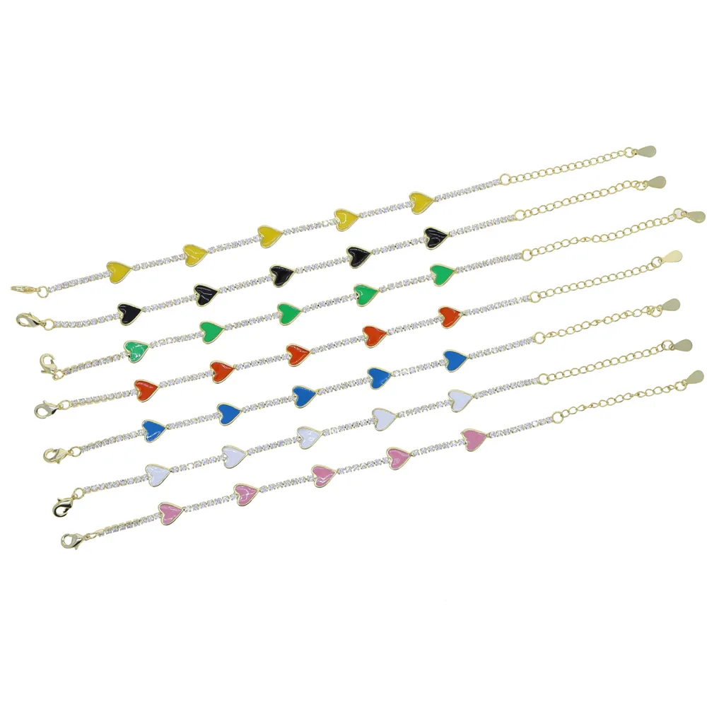 2021 Sommer Regenbogen Modeschmuck Neon Emaille Herz Charm Tennis Kette Gold Farbe Armband