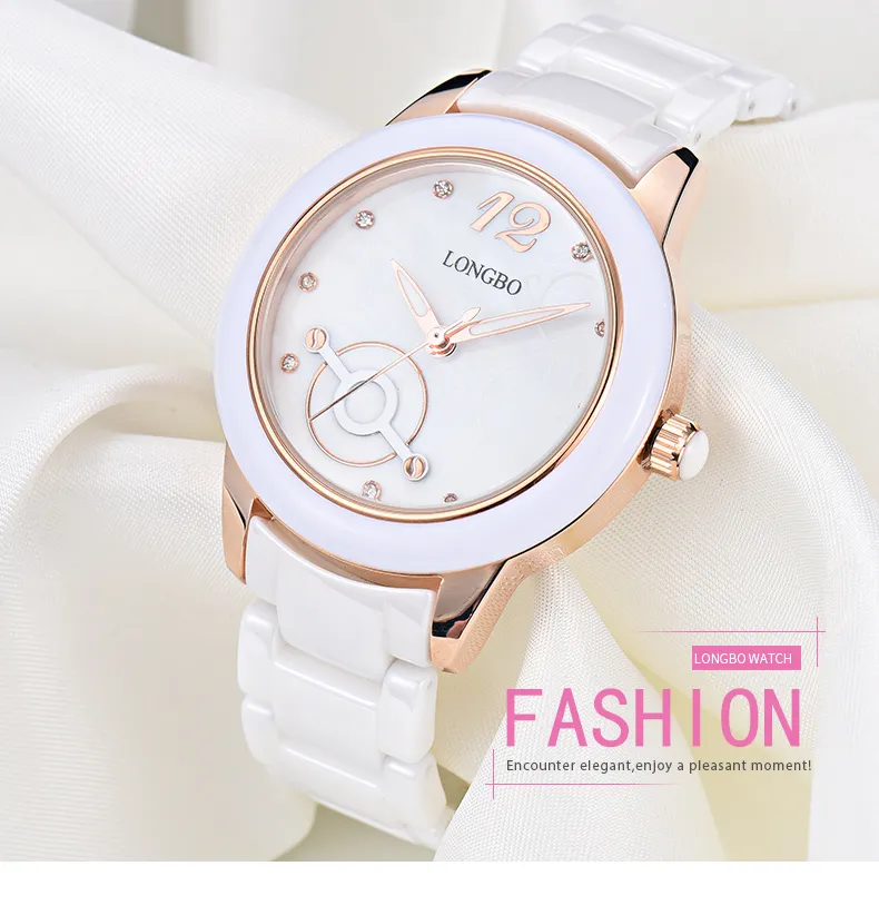 Women's Costume dress Fashion watch ceramic case Luxury waterproof watches Ladies White Strap wristwatch girl Nice clock243w