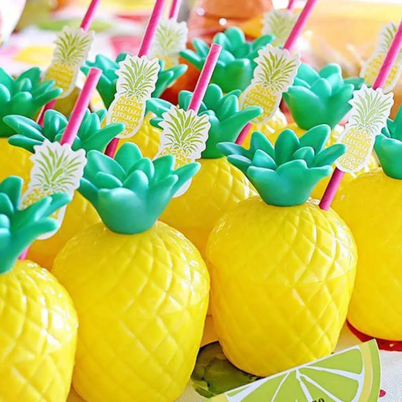 Tropical Pineapple Coconut Drinking Cup Juice Cups with Straws Hawaiian Luau Birthday Summer Beach Pool Party Decorations 211015