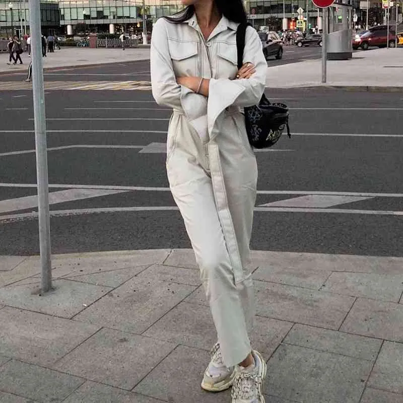 Autumn Winter Rompers dames jumpsuit casual vintage zakken sjerpen vlekken met lange mouwen denim streetwear overalls voor vrouwen 210521