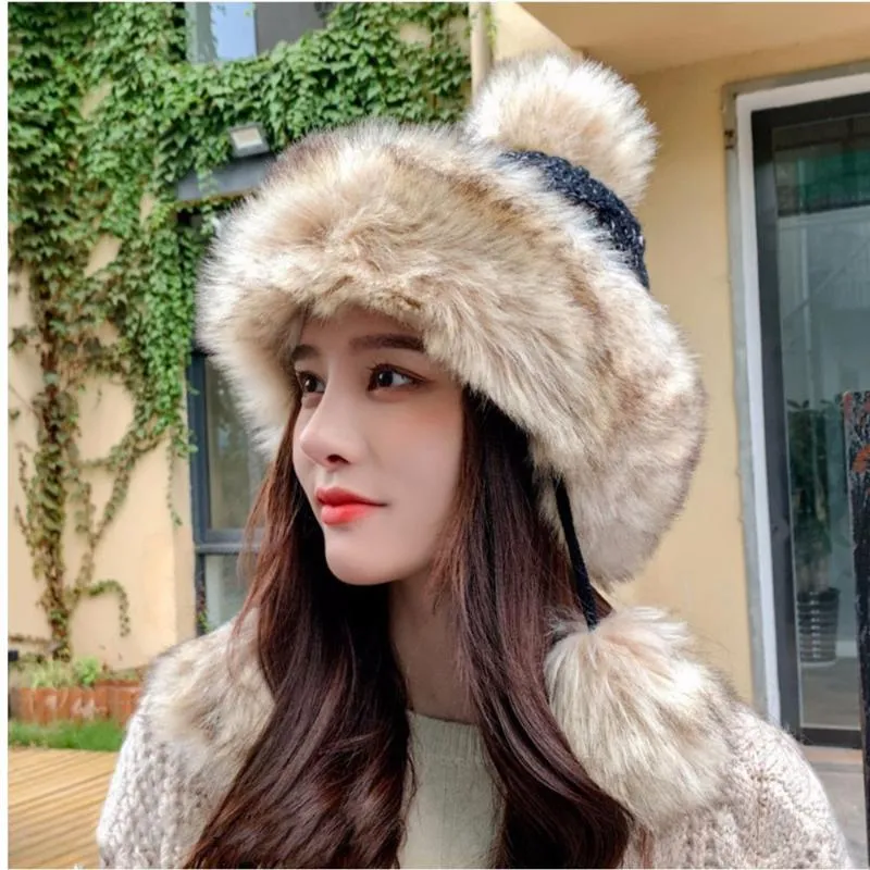 Beanie Skull Caps Fashion Knitted Fur Hat Russian Winter Women Cap With Two Pompoms Hats Warm Fluffy Stylish Female Tail Beanie3483