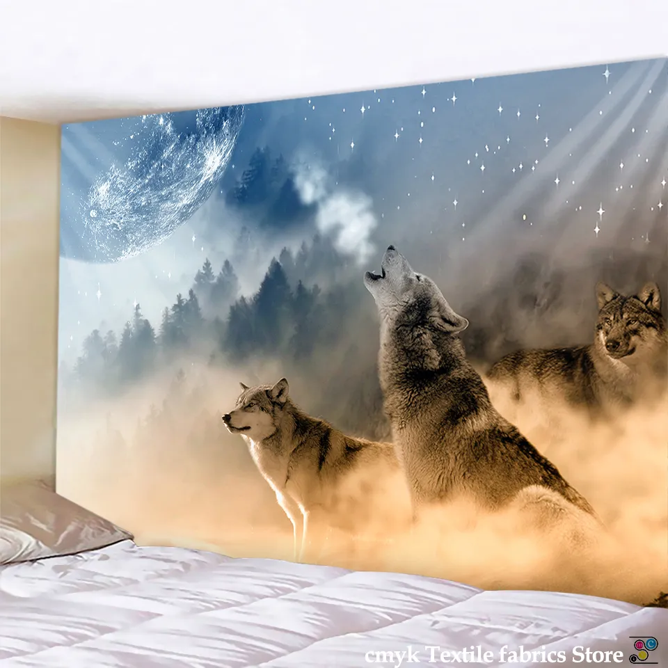 Tiere Wolf Tapisserie Hintergrund Psychedelic Wandbehang Tribal Tier Blätter Wolf Tapisserie Home Decor Strand Matte