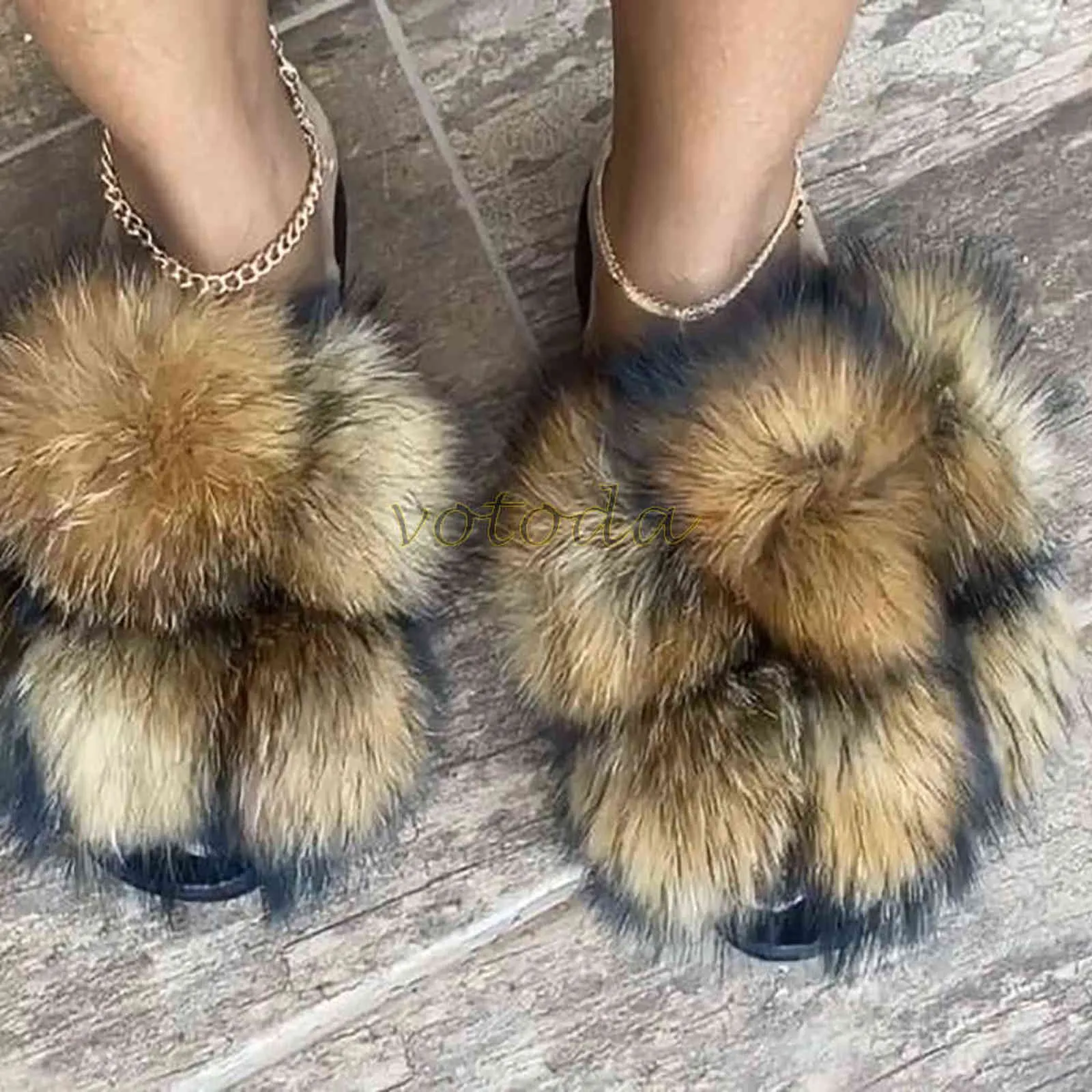 Pom Fur Slippers Women Fluffy Real Fox Slides ry Cute Raccoon Sandals Lady Flat Ball Flip Flop Rainbow Shoes H1122