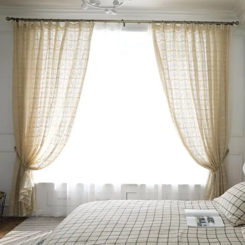 Zasłony zasłony retro wydrążone półprzezroczyste wykończone szydełkowane tiul amerykański materiał wiejski do salonu sypialnia 310f