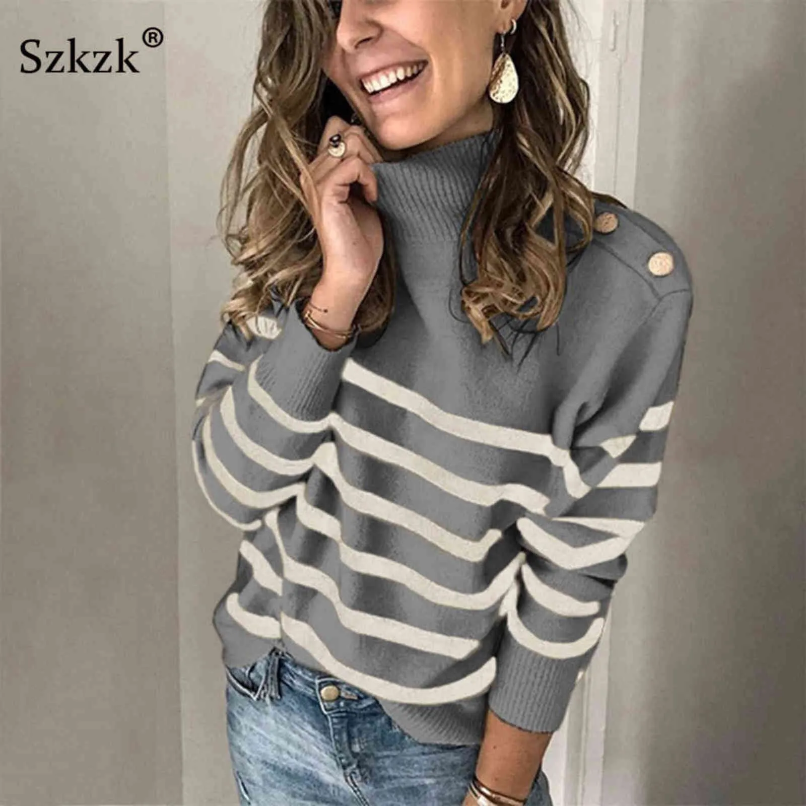 Szkzk Black And White Striped Knit Sweater Button Women Pullover Female Jumper Fall Winter Long Sleeve Turtleneck Sexy Sweaters 211103