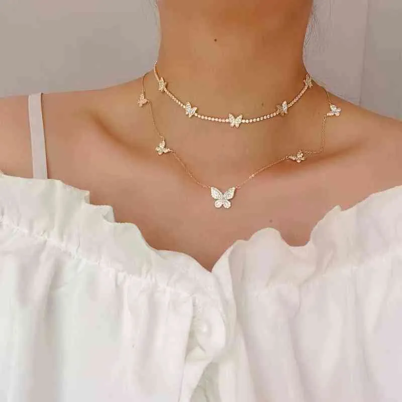 Cubic Zircon Butterfly Pendant&necklaces for Women Delicate Jewelry 14K Gold Plated Chain Choker Necklaces