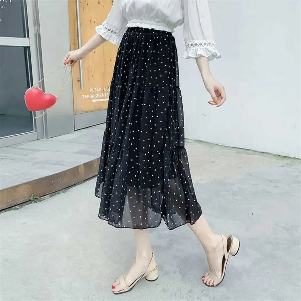 Boheemse chiffon cake geplooide rok vrouwen zomer hoge taille wilde polka dot rok vrouwelijke witte zwarte ruche wilde streetwear 210619