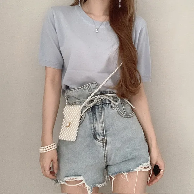 Été coréen Chic col rond mince tricoté T-shirt Mujer femmes décontracté à manches courtes doux couleur bonbon t-shirts Femme 210519