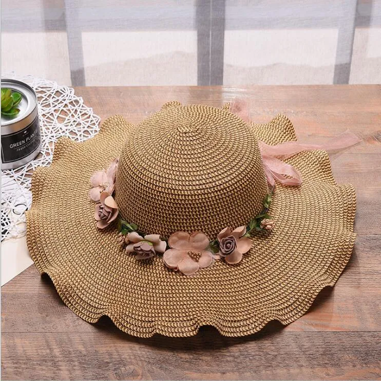 New ladies big wave flower sun hat Beach outdoor sunly hat caps Wide Brim Hats