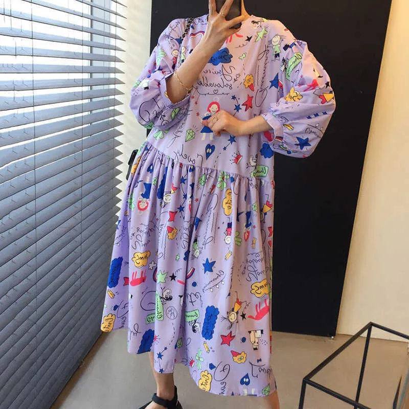 Korejpaa Women Dress Summer Korean Chic Childlike Age-Reducing Cartoon Graffiti Print Loose Puff Sleeve Big Swing Vestidos 210526