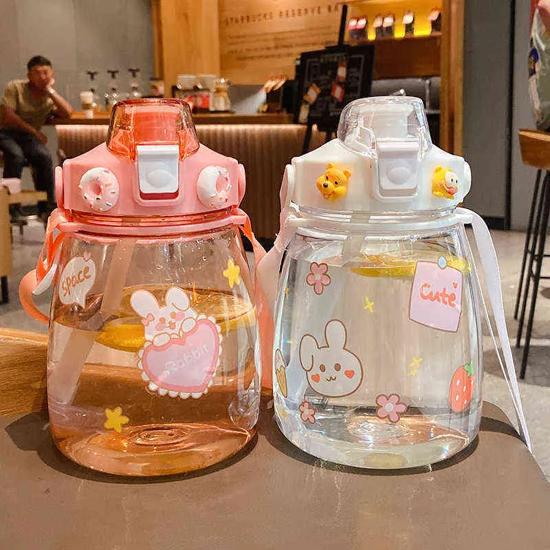 1200Ml Cartoon Cute Super Large Capacity With Straw Bottle Trendy Pot Portable Summer Cup 211122