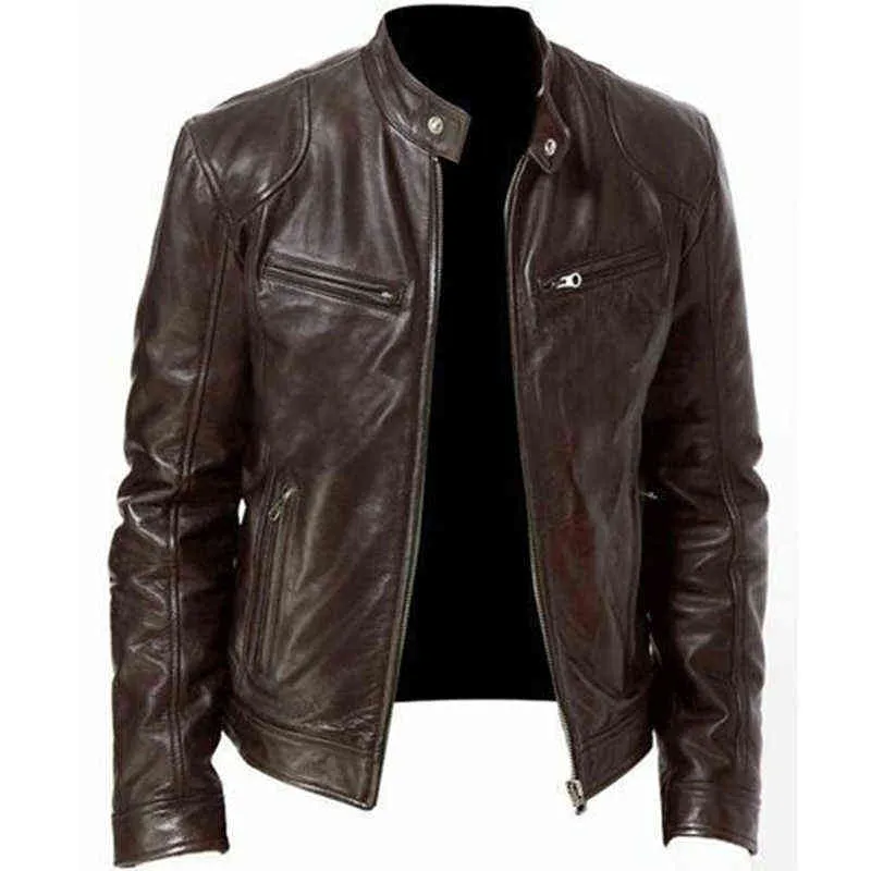 Autumn Male Leather Jacket Black Brown Mens Stand Collar Coats Biker s Motorcycle 211217