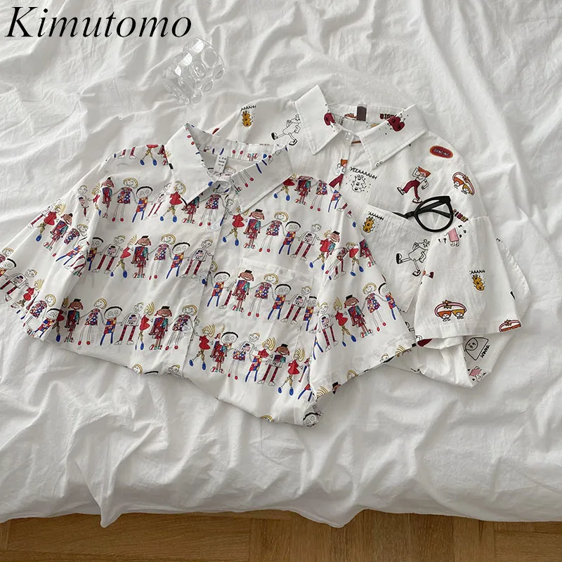キムトモかわいい漫画プリントブラウス女性韓国のファッション女性半袖緩いシングルブレストシャツ夏のトップ210521