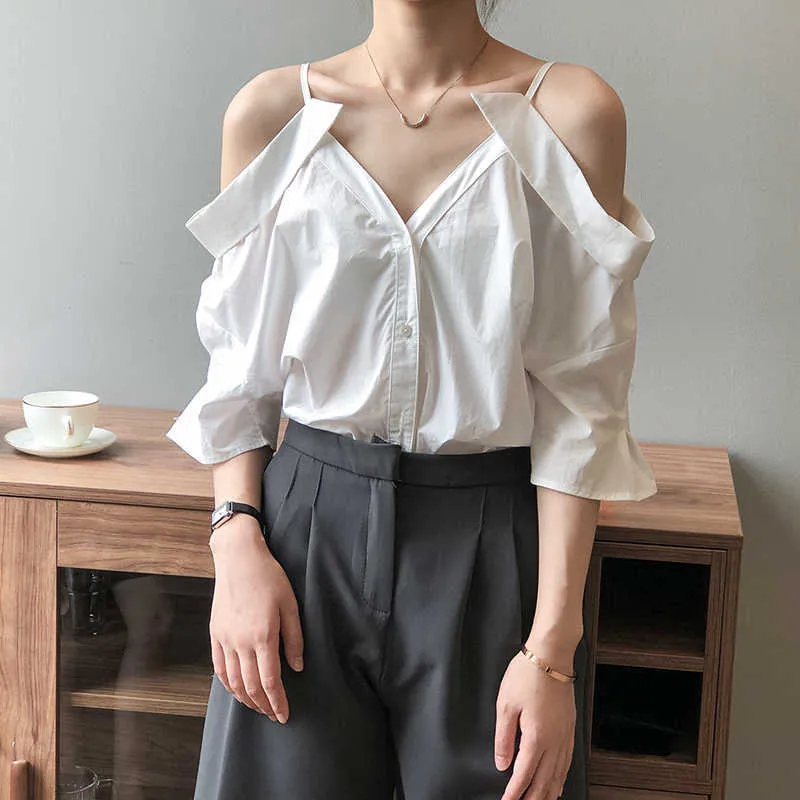 Być może u Kobiety Summer White One-Shoulder Sling Shirt Off-Ramię V-Neck Single-Breasted Half-Rękawki Topy B3074 210529