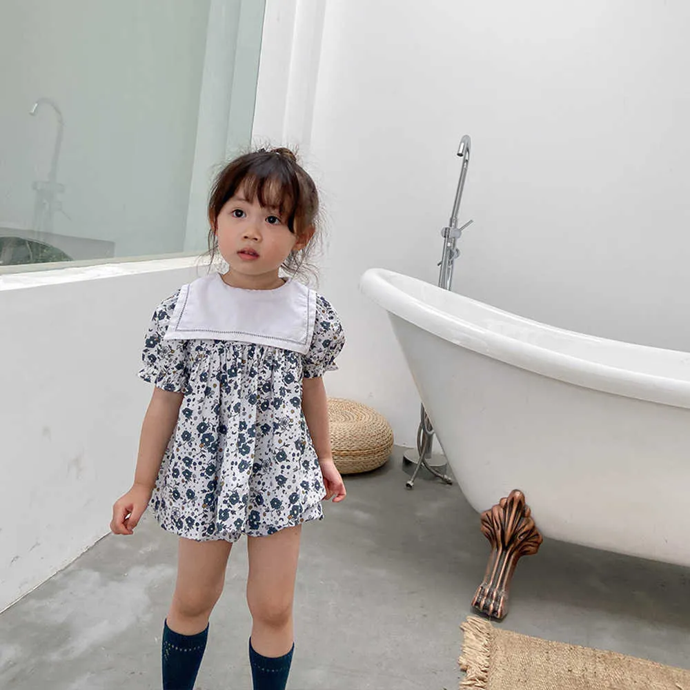 Sommarflicka Navy Baby Top + Shorts Set Barnskjorta Shorts Två Piece Set Summer Toddler Girl Outfits 210701