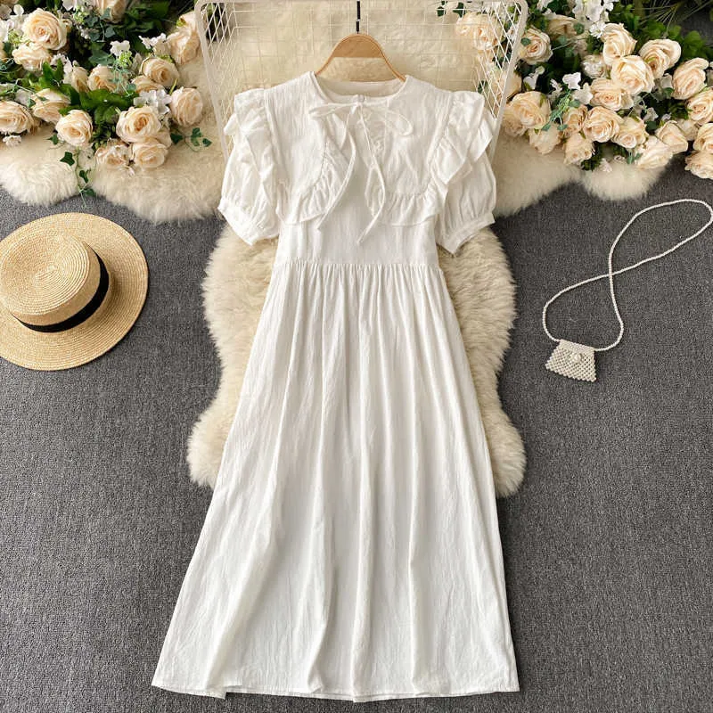 Koreanische Frauen Kurzarm Sommerkleid Solide Oansatz Hohe Taille Damen Elegante Midi mit Rüschen Schal Casual Kleidung 210603