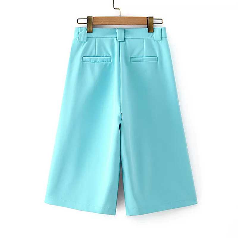 BLSQR lac bleu costume pantalon femme taille haute poches bureau dames mode lâche genou longueur 210430
