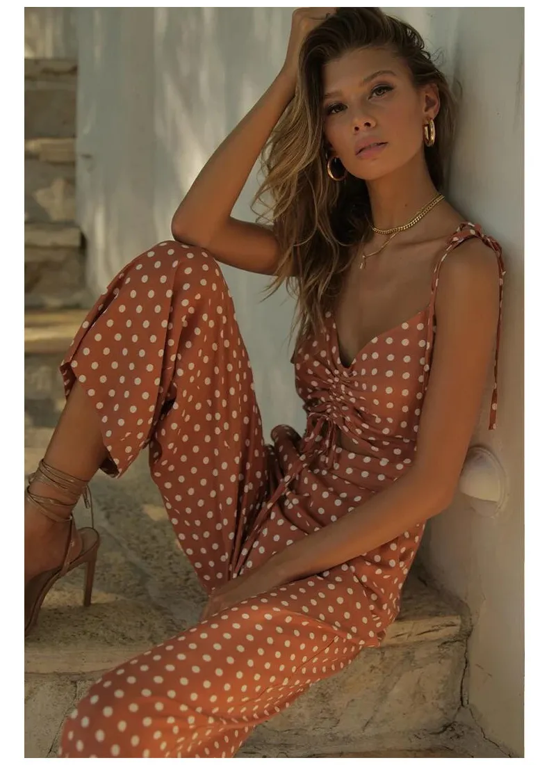 Lace Up Rushed Front Jumpsuit Romper Summer Long s Jumpsuits Casual Overoles Boho Playsuit 210427