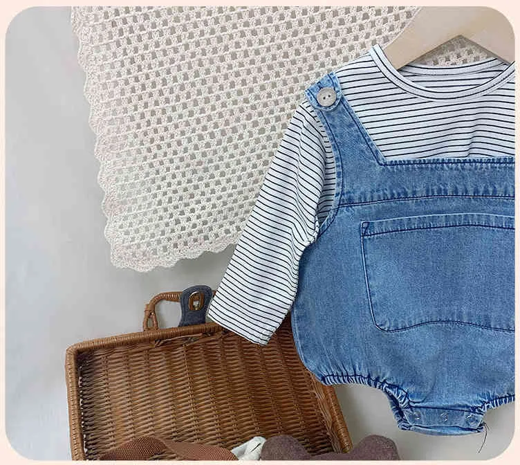 Bebê primavera romper set listra t - shirt denim baby girl outfit conjunto 210515