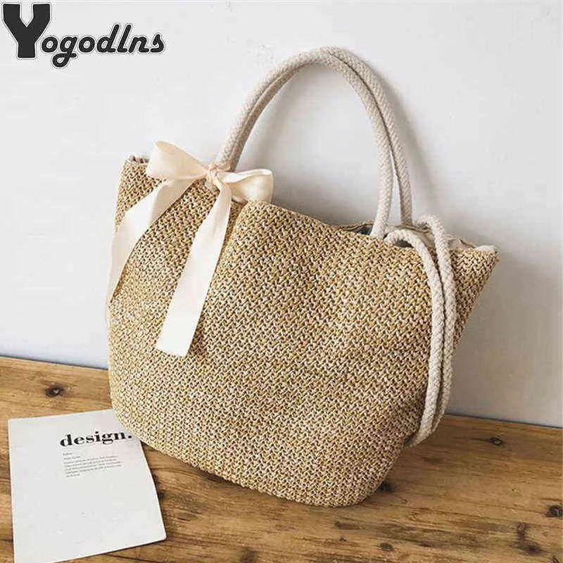 Sacos de compras New Bohemian Verão Palha Mulheres Grandes Capacidade Férias de Praia Tecido para Feminino Casual Tote220307