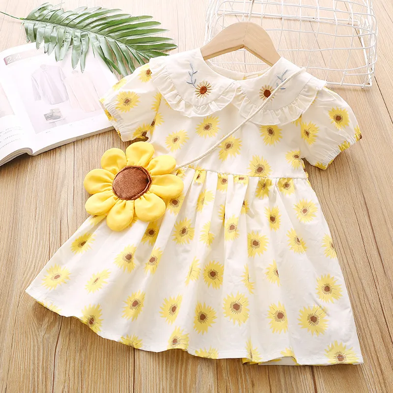 Sommarpuffhylsa Sunflower Print Söt barn Prinsessan Klänning Toddler Kid Kläder Tjej för 2-6Y 210515