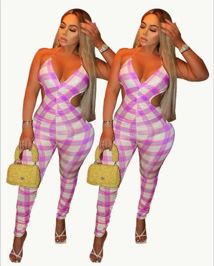 Kleurrijke Plaid Gedrukt Skinny Jumpsuits Womens Elegance Sexy Rompertjes Party Night Club Holiday Outfits Catsuits 210525