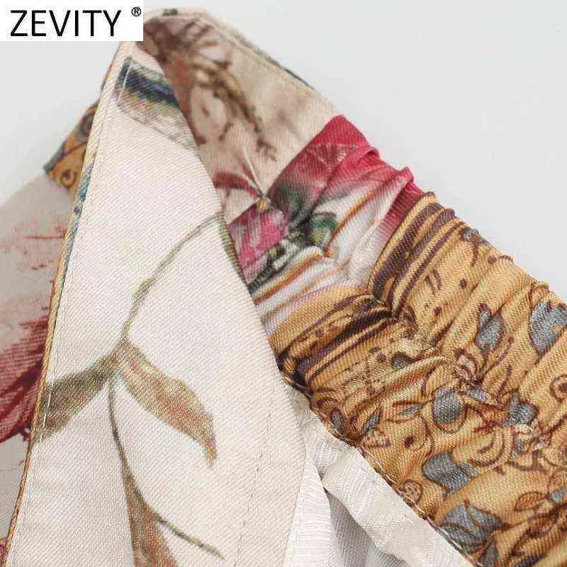 Zevity mujeres vintage tela patchwork estampado satinado pantalones rectos retro femenino cintura elástica bolsillo lateral chic pantalones largos P1004 211124