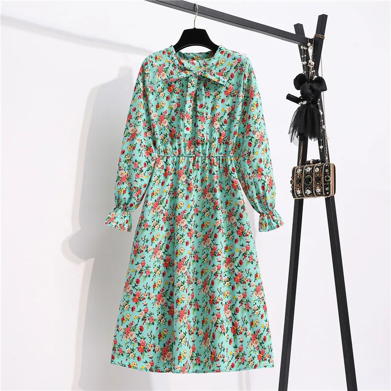 2021 Mulheres doces outono de primavera de camisa de mola colarinho floral estampa floral com manga longa cintura elástica elegante vestidos vintage 210320