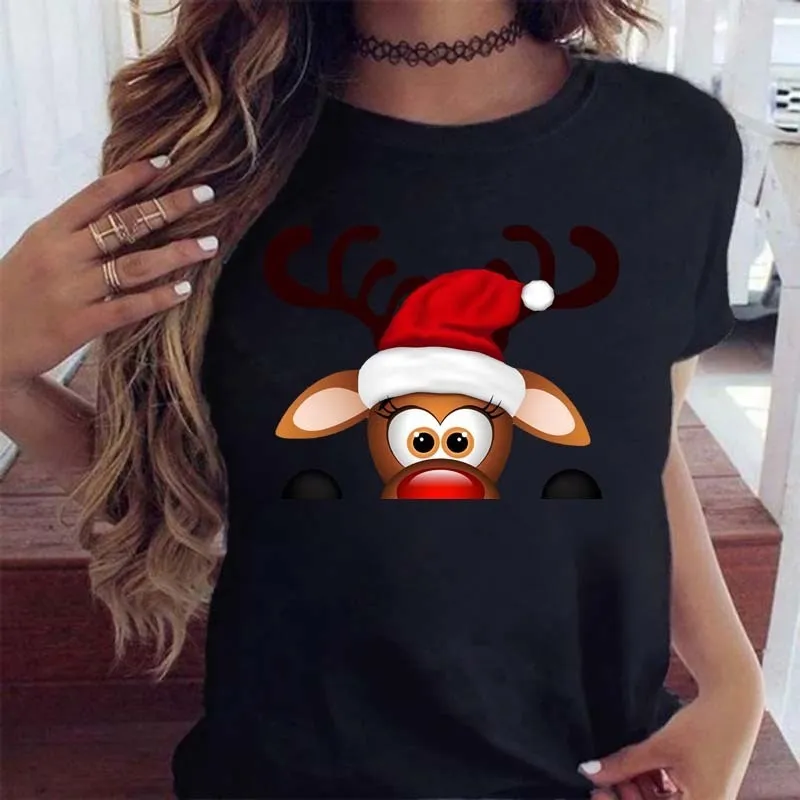 메리 크리스마스 격자 무늬 나무 인쇄 여자 T 셔츠 패션 패션 그래픽 여자 탑 kawaii tee 숙녀 Xmas 티셔츠하라 주쿠 블랙 셔츠 220304