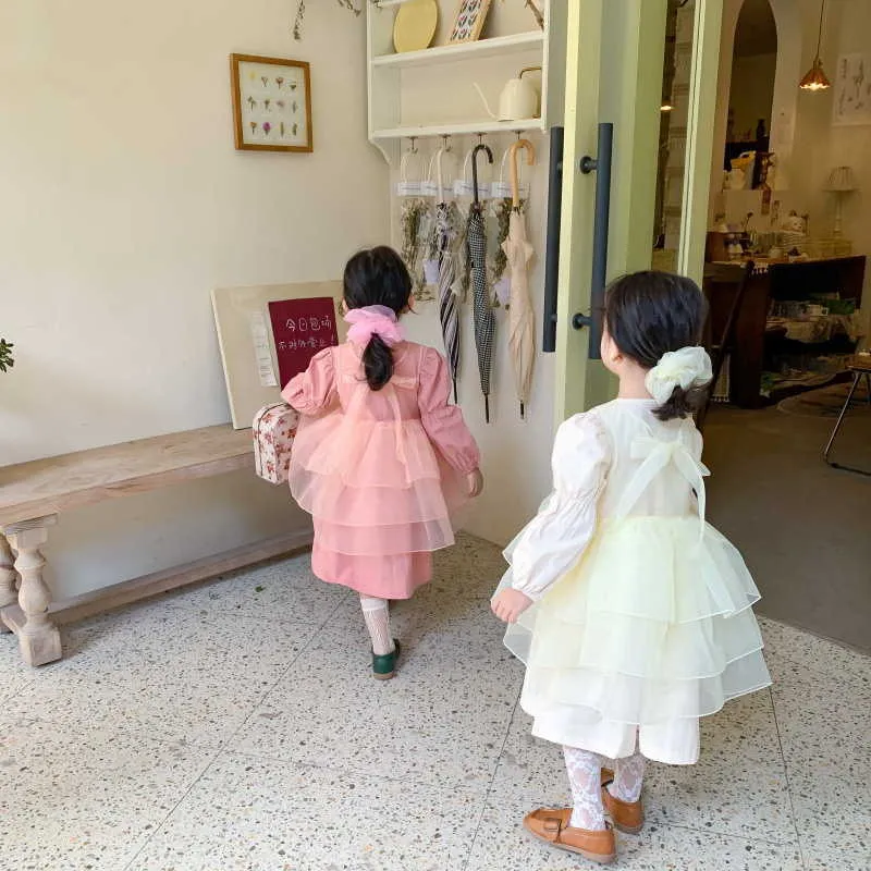 Atacado primavera meninas vestido de festa 2-pçs conjuntos de mangas compridas menina bonito bolo vestidos para casamentos crianças crianças roupas E628 210610