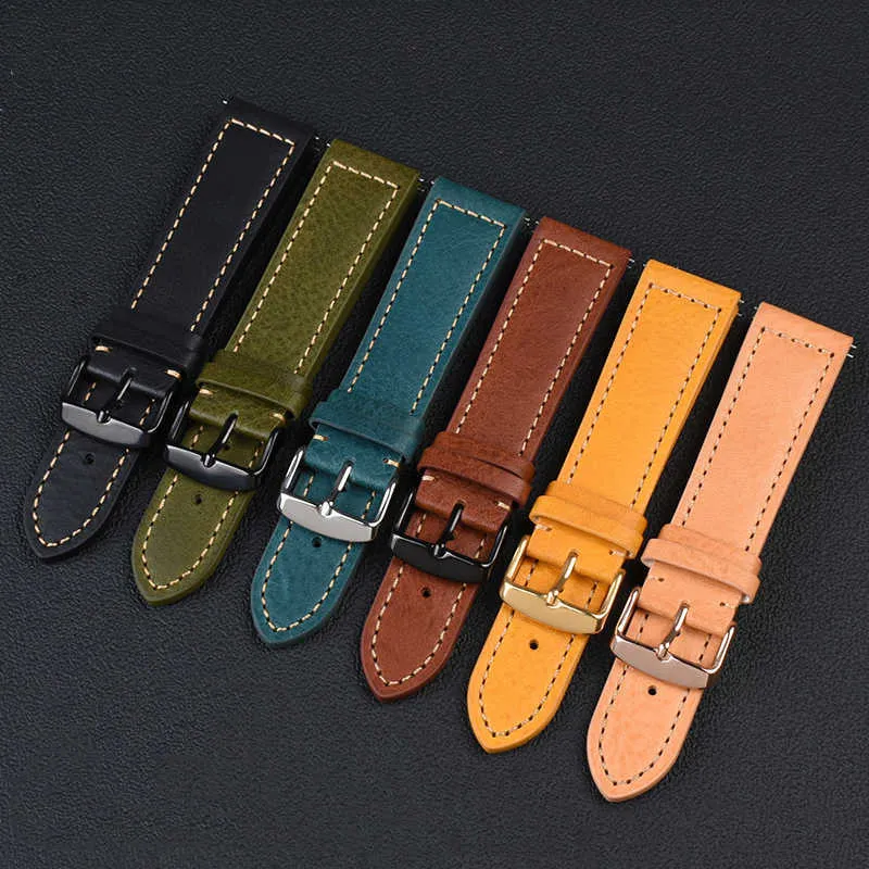 Genuine Italy Leather Watch Strap 22mm Retro Style Handmade Watchband Wristband Belt Yellow Brown Blue Watch Accessories H0915