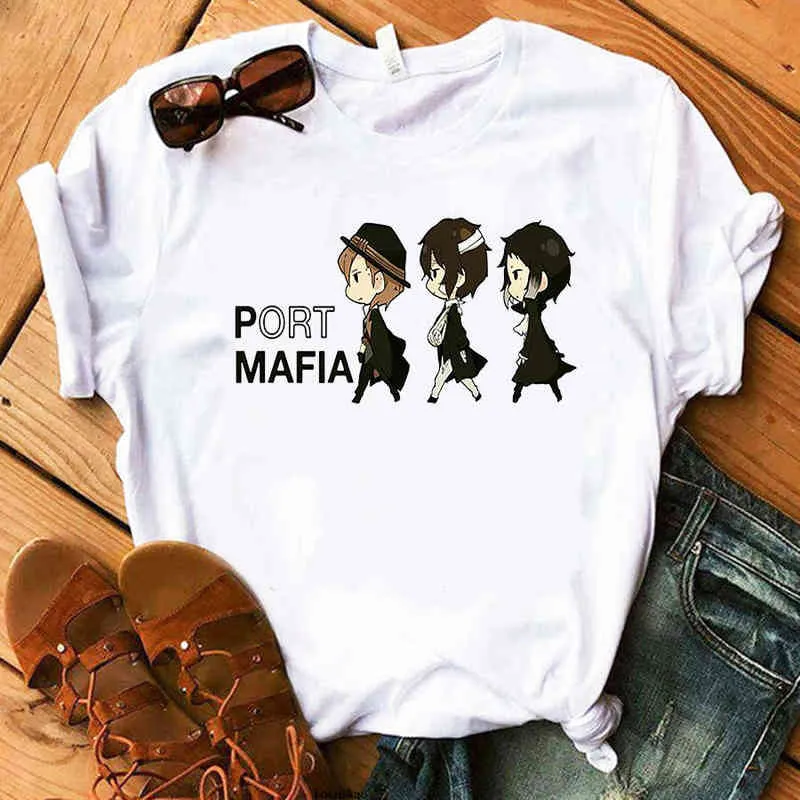 Été Bungo Chiens Errants Imprimer Graphiques T-Shirt Femmes Anime Chuuya Nakahara T-shirt Unisexe Dazai 2021 Blanc À Manches Courtes T-shirts G220310