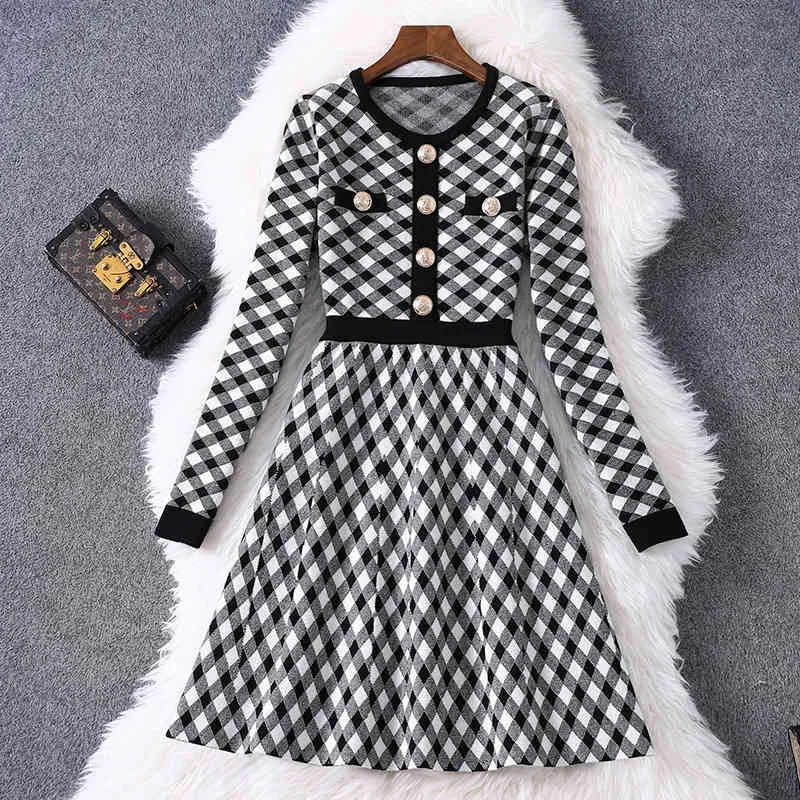 Primavera de malha camisola vestido mulheres botão up coreano moda vintage xadrez azul preto mini robe femme vestidos 210514