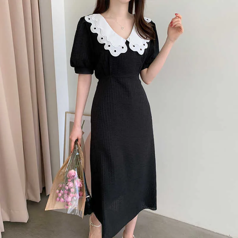 Korejpaa Women Dress Korea Chic Temperament Double-layer Doll Collar Contrast Pleated Lace-up Waist Bubble Sleeve Vestidos 210526