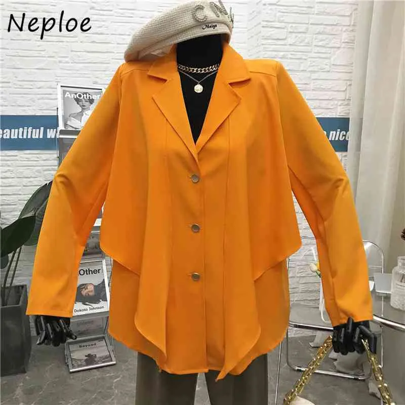 Nepoel werk stijl ol effen jas vrouwen ruches patchwork losse lente oorzakelijke blazer feminino turn draai kraag lange mouw jas 210423