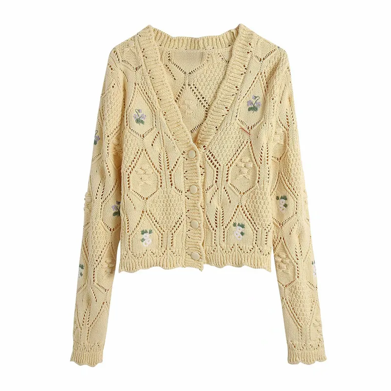Gul blommig kontrast broderi cardigan kvinna sweaters applikationer cropped stickad tröja kvinnor långärmad knapp topp 210430