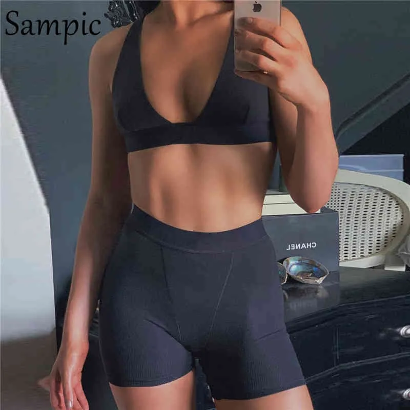 Sampic Sexy Women Summer Set V Neck Sem Mangas Sport Tops e Bodycon Skinny Biker Shorts Dois peça Set Outfits Outfits Suit 2020 x0428