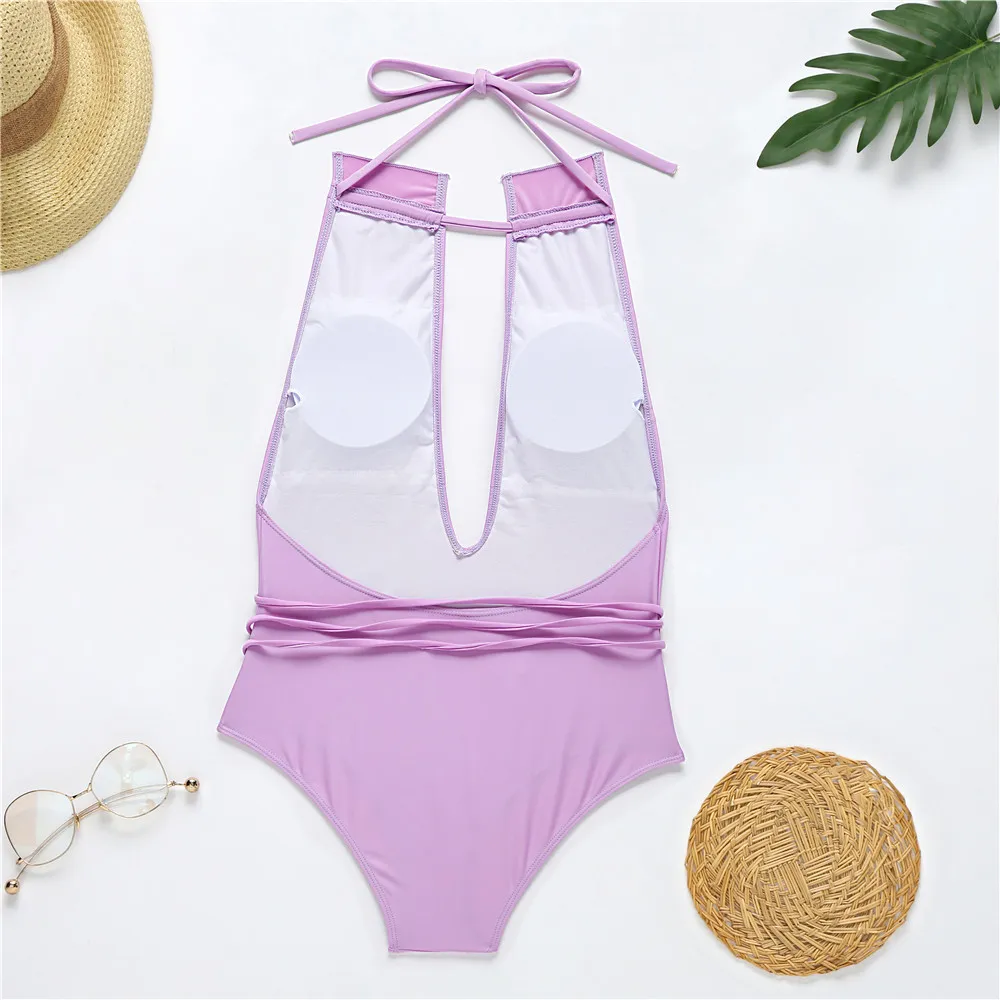 Maillot de bain vert violet solide col en V profond push up plongeant croisé maillot de bain plage porter dos nu monokini 210520