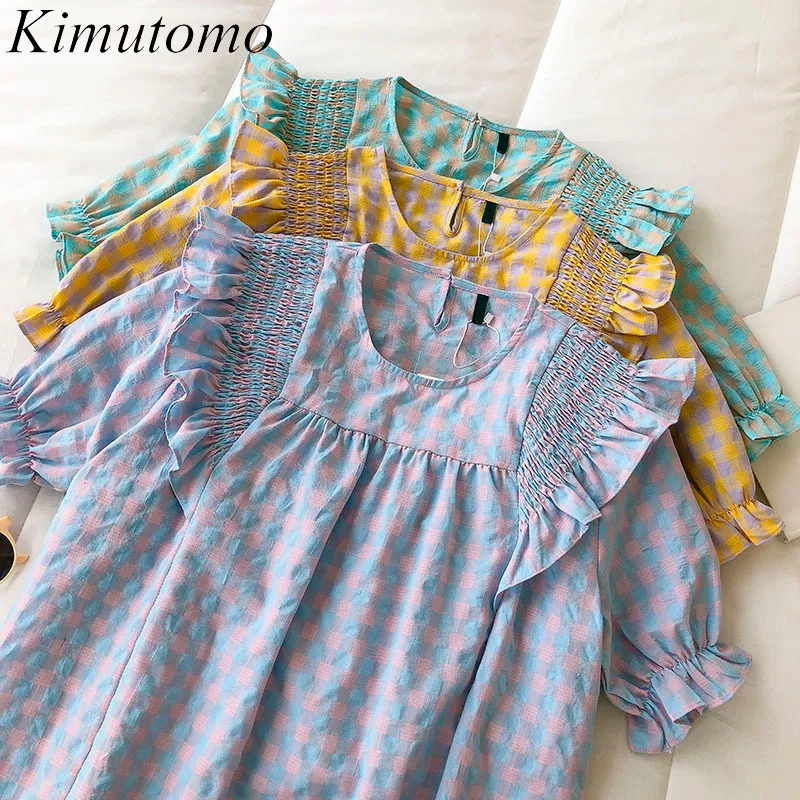 Kimutomo Sommar Fräsch Pläd Blus Kvinnor Koreanska Ruffles Stitching Kortärmad O-Neck Tunnskjorta Elegant Casual 210521