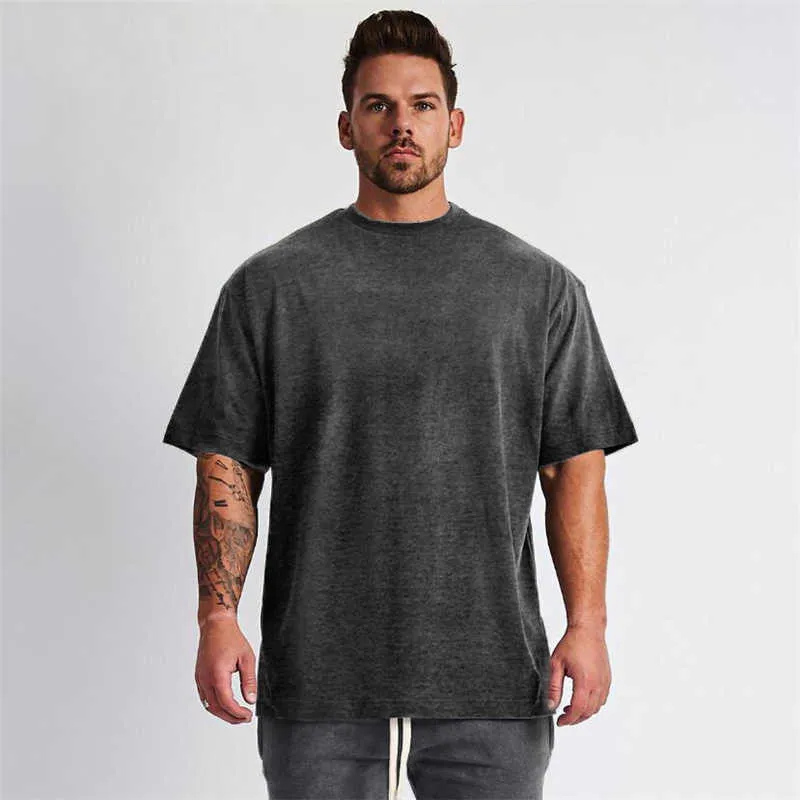 T-shirt oversize solida T-shirt da uomo Bodybuilding e fitness T-shirt casual da palestra T-shirt da uomo streetwear allentata T-shirt hip-hop 210726