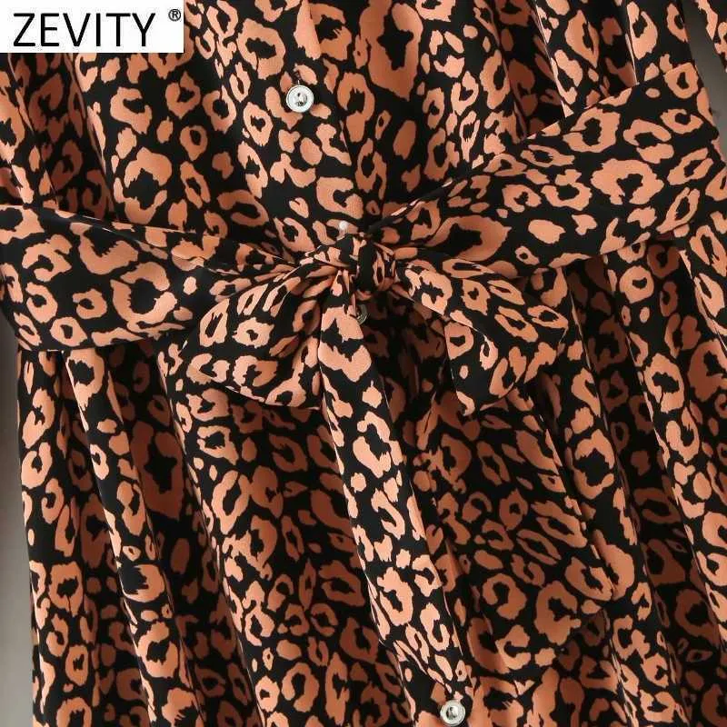 Zevity Women Vintage Leopard Print Bow Bundet Sashes Skjorta Klänning Chic Kvinna Långärmad Casual Vestido Kläder DS4911 210603