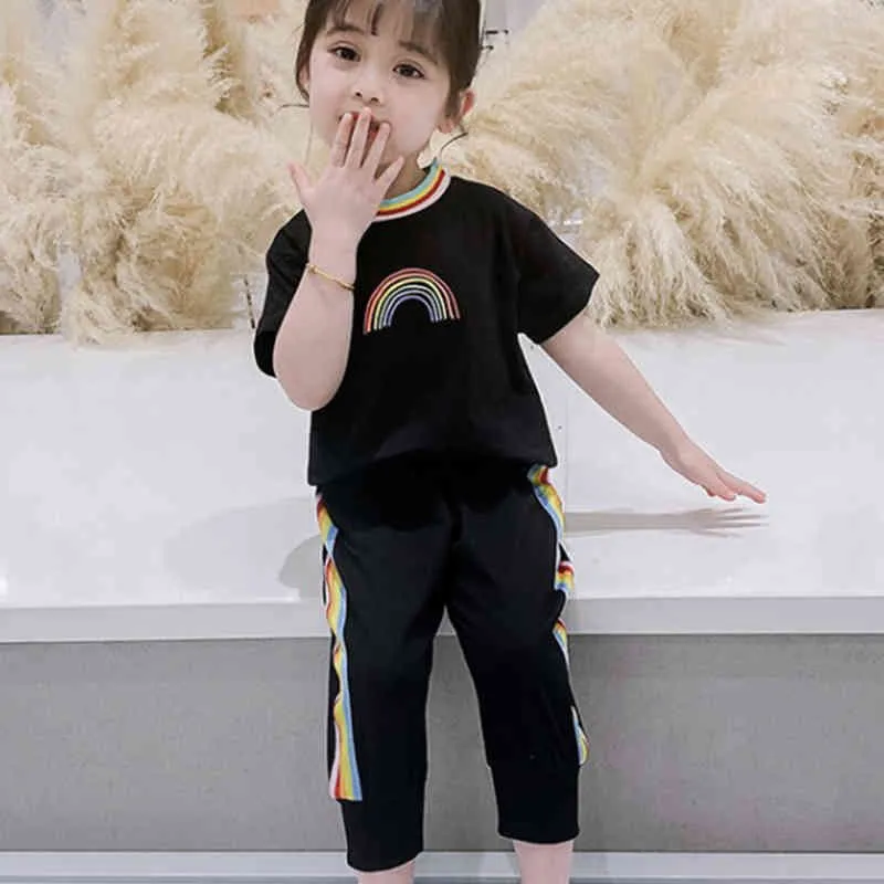 Летние девушки с коротким рукавом набор девочка одежда радуги топ + брюки двухсектура детский спортивный отдых 210515