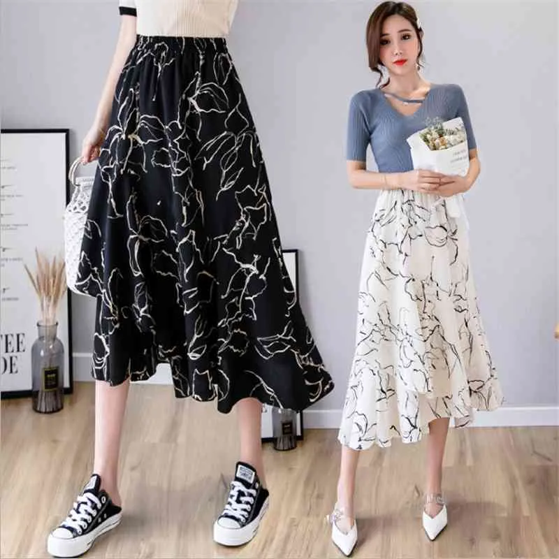 Skirts Womens Black Long Woman High Waist Korean Elegant Casual Ruffle Cotton Irregular A Line 210514