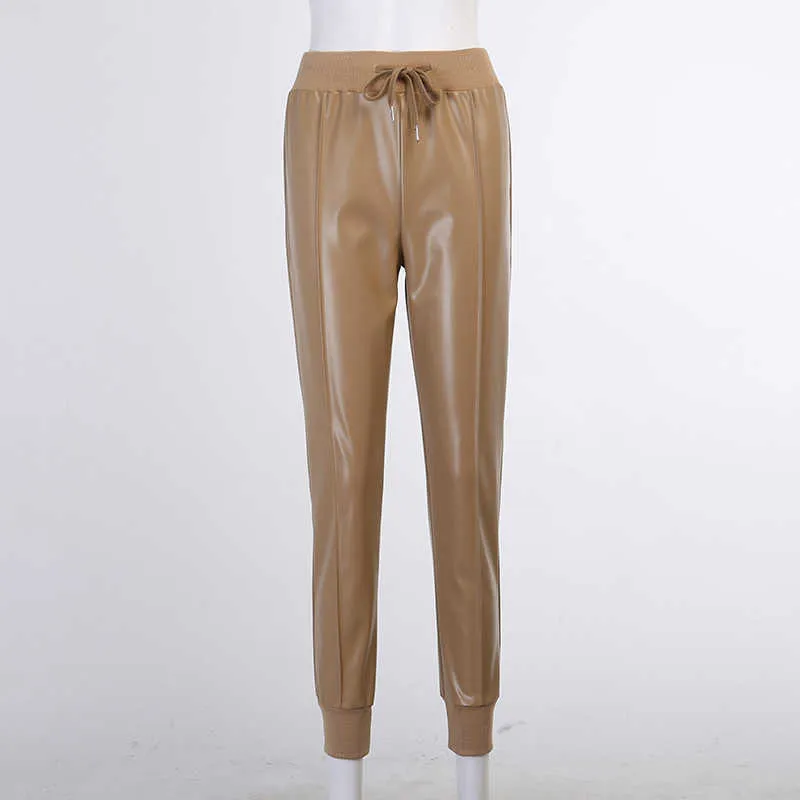 Colysmo PU Skórzane spodnie Patchwork żebrowane dzianiny wysokiej talii wiązanie Slim Fit Eleganckie Ołówek Kobiety Chic Casual Streetwear 210527