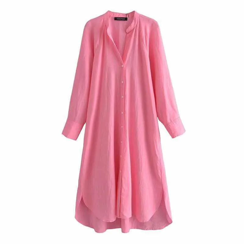 Robe d'été Chemise Femmes Manches Longues Casual Mode Chic Lady Rose Maxi Lâche Chemise Robe Femmes 210709