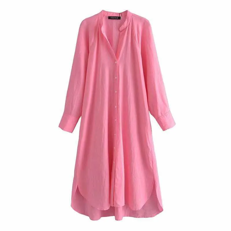 Summer Dress Shirt Women Long Sleeves Casual Fashion Chic Lady Pink Maxi Loose Shirt Dress Women 210709