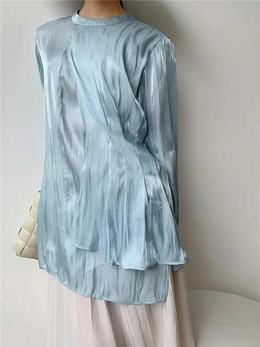 Blusa a manica lunga a blu aqua che donne si sono arricciate le donne asimmetriche glitter abbigliamento di moda coreano 210427